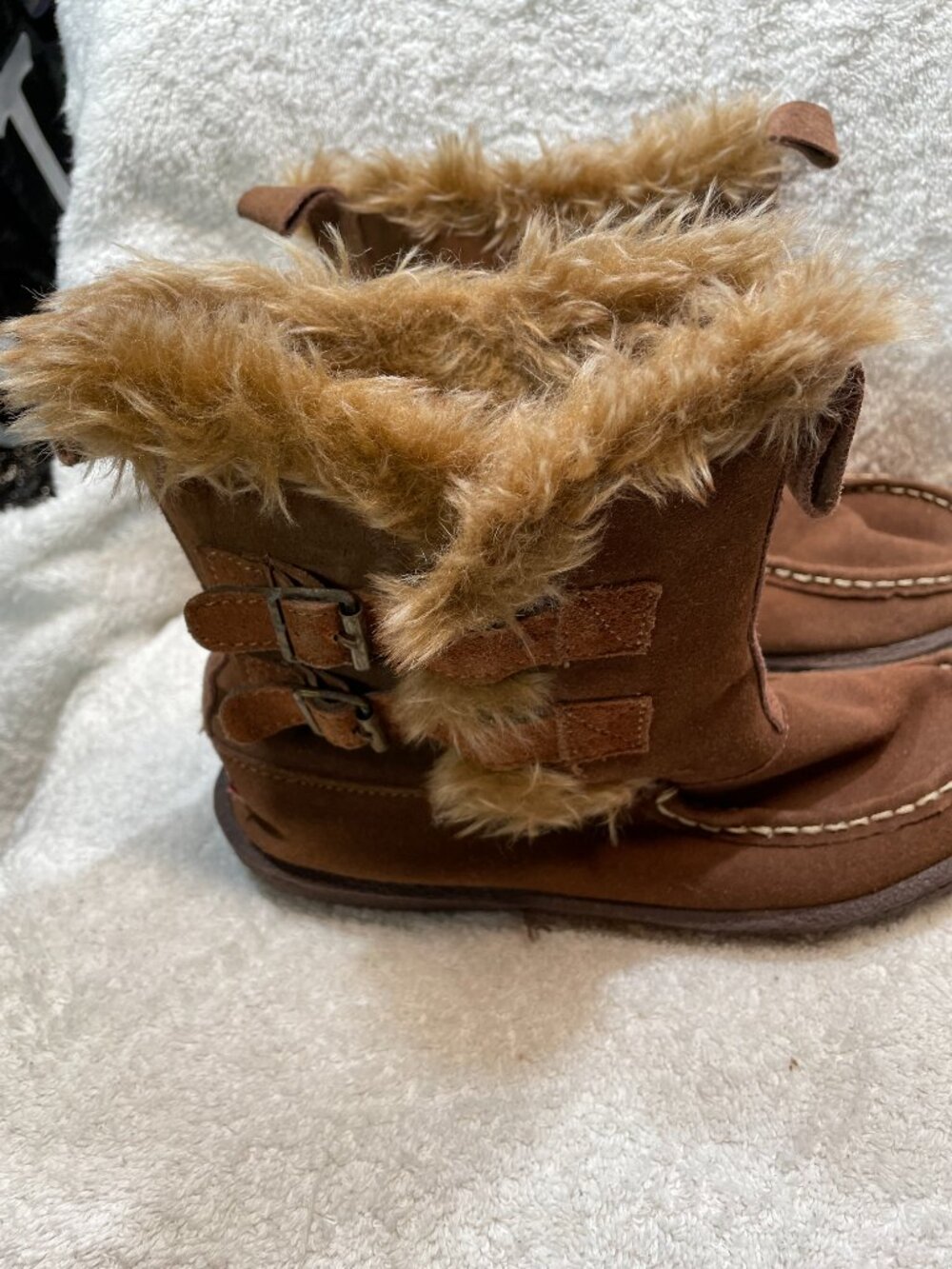 Staheekum Simone Moccasins Boots Womens Size 8 Cocoa Brown Cow Suede Acrylic Fur - Picture 2 of 10